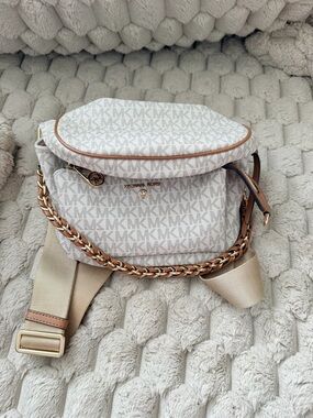 Michael Kors Cream Logo Crossbody with Gold Chain Trim